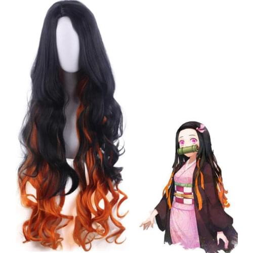 80cm Long Curly Wig Cosplay Demon Slayer Kimetsu no Yaiba Kamado Nezuko Costume Heat Resistant Synthetic Hair Women Party Wigs