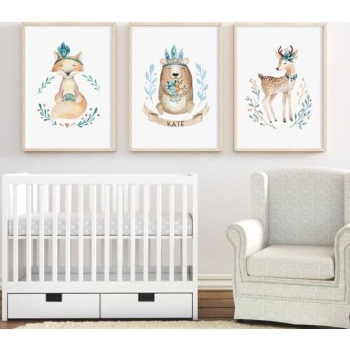 Cartoons Animal Custom Name Brown Deer Squirrel Wreath Nursery Poster Wall Art Canvas Painting Picture Kid Bedroom Home Decor