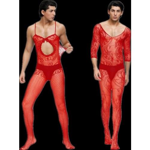 Red Sleepwear Mens Bodystockings Man Fishnet Bodysuits Crotchless Jumpsuit Male Exotic Nightwear Sex Lenceria seksowna bielizna