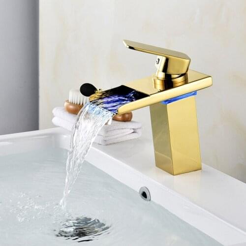Square LED Faucet LED Bathroom Basin Faucet Brass Gold/Rose Gold LED Waterfall Taps Water Power Basin Led Tap Mixer Torneira