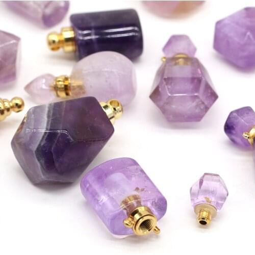 Hot Sale Perfume Bottle Natural Stone Amethysts Essential Oil Bottles Purple Quartz Pendant for DIY Necklace Jewelry Making Gift