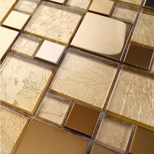 Golden color glass mixed golden stainless steel metal mosaic for kitchen backsplash tile bathroom shower mosaic tiles border