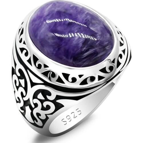 New Natural Exquisite Purple Dragon Stone Mens Ring 925 Sterling Silver Oval Gemstone Mens Ring Carved Turkish Jewelry Gift