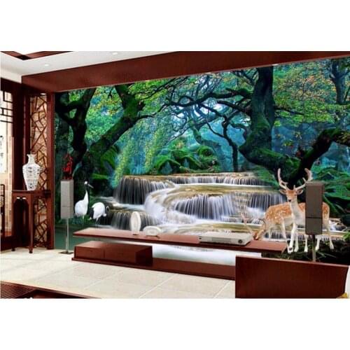 Custom photo 3d room wallpaper mural Forest waterfall elk landscape painting 3d wall murals wallpaper for living room walls 3 d