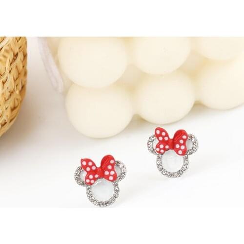 New Jewelry Girl Earrings Fashion Simple Red Mouse Bow Knot Wild Mesh Earrings Cute Crystal Girl EarringsWholesale Cute Earrings