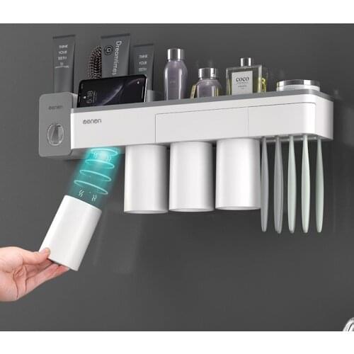 New Magnetic Adsorption Toothbrush Holder Inverted With 4 Cups Wall Mounted Bathroom Storage Rack Case Bathroom Accessories Sets
