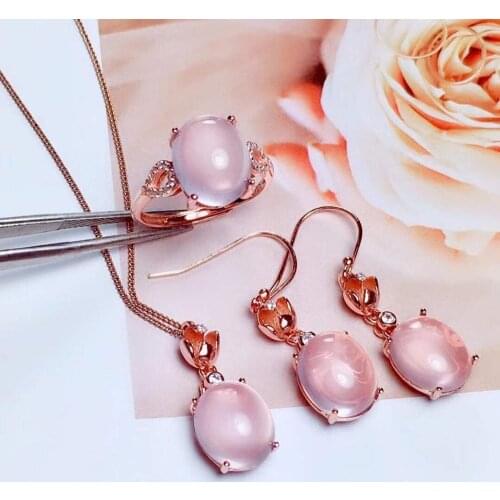 New Luxury 100% Natural and Real Rose Quartz Set 925 Sterling Silver 1pc Ring,2pcs Earring ,1pc Pendant