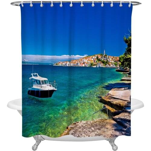 Beach Boat Houses Shower Curtain Home Bath Decorative Waterproof Polyester Fabric Bathroom Curtain