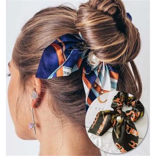 Fashion Hair Accessories Girls Chiffon Bowknot Elastic Hair Bands For Women Pearl Scrunchies Headband Hair Ties Ponytail Holder