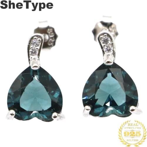 13x8mm 1.7g Romantic Heart Shape Created Dark London Blue Topaz Present Real 925 Solid Sterling Silver Stud Earrings