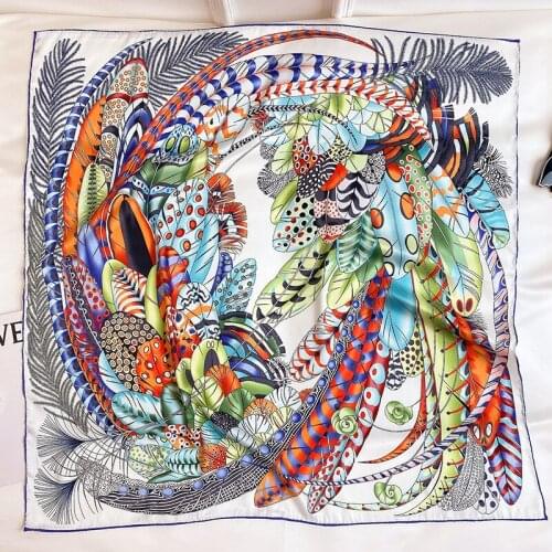 2021 Boho Peacock Feather Print Muslim Head Hijab Scarf Women Silk Square Bandana Foulard Femme Luxury Bufanda Mujer NEW SFN949