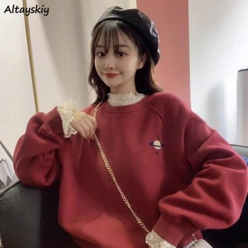 Sweatshirts Women Lace Patchwork Hoodies Female Fake Two Pieces Design Popular Loose Thicker Lovely Ins Classy Tender Autumn 2XL