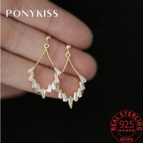 PONYKISS Vintage 925 Sterling Silver Sector Zircon 14K Gold Stud Earrings For Women Luxury Party Fine Jewlry Gift Drop Shipping