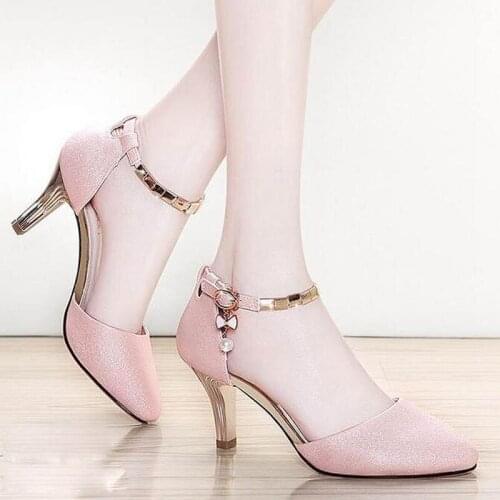 Women Pumps 2019 New Fashion Womens Shoes Sweet Metal Strap High Heel Shoes Ladies Pumps Pointed Toe Women Sandals