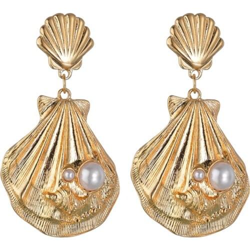 MESTILO 2019 New Vintage Alloy Boho Drop Earrings For Women Pearls Shell Shape Summer Sandy Beach Female Ethnic Eardrop Brincos