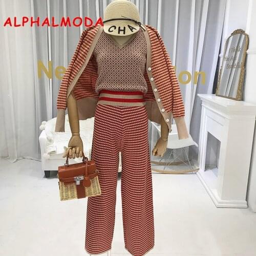 ALPHALMODA New Colour Striped Cardigan Jacket + Suspender Vest + Side Slit Skinny Broad-legged Pants Women Early Autumn Outfit