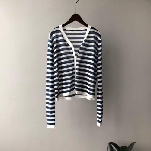 Summer 2021 New V-neck Striped Ice Silk Knitted Cardigan Sun Protection Clothing Korean Style Casual Jacket Women