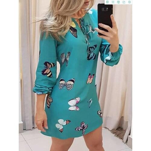 Sweet Butterfly Print Women Dress Plus Size Fashion Casual Lantern Sleeve V-Neck Thin Mini Dress 2020 New Autumn Dress Vestidos
