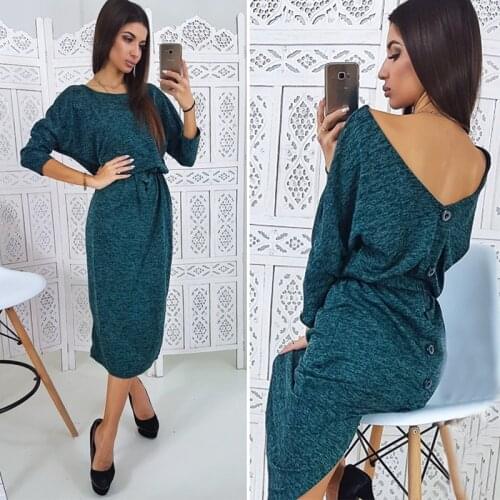 Shyloli Sexy Backless Button Sashes Dress Women Batwing Sleeve o Neck Mid-Calf Dress 2020 Casual Autumn Winter