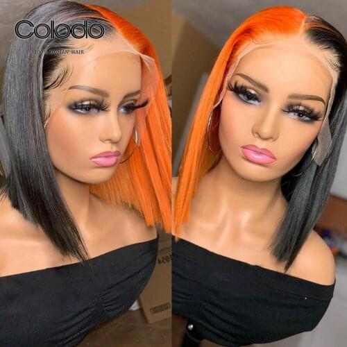 13X4 COLODO Brazilian Remy Half Blue Half Orange Wig Ombre Lace Front Wig Pre Plucked Purple Short Human Hair Wig for Women