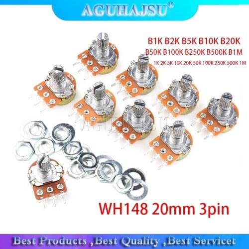 2pcs WH148 20mm 3pin Potentiometer B1K B2K B5K B10K B20K B50K B100K B250K B500K B1M 1K 2K 5K 10K 20K 50K 100K 250K 500K 1M