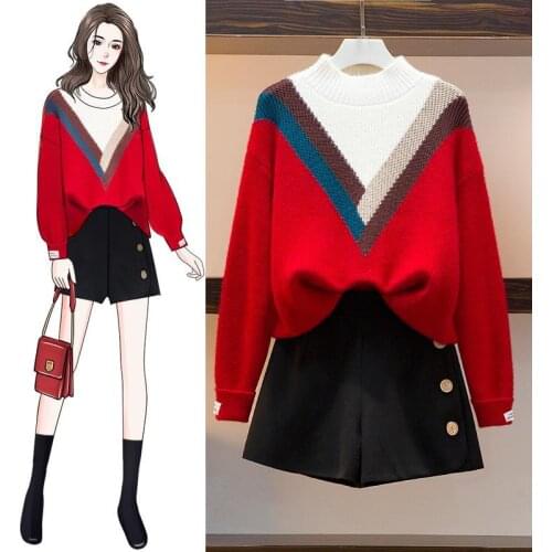 2021 Women Autumn Winter New Casual Set Lady Stripted O-neck Sweater + High Waist Pant Suit Female Vintage Slim 2 Piece Set