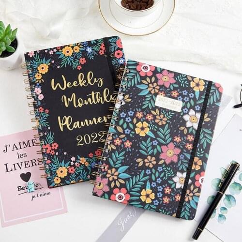 2022 Yearly Agenda Planner Monthly Weekly Plan Portable Coil Kawaii Pocket Notebook Cute Diary Flower Journal Office Stationery