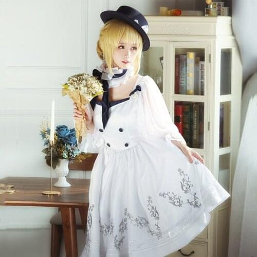Anime FGO Fate Grand Order Moon Girlfriend Saber Arutoria Pendoragon Dress Uniform Outfit Cosplay Costume Fancy Lolita Dress