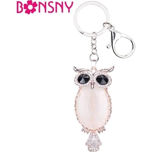 Bonsny Opal Owl Key Chain Key Ring Bag Decoration Handbag Charm Alloy Rhinestone Bird Keychain New Fashion Jewelry For Women