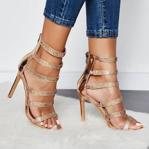 Sexy Bling Crystal Gladiator Sandals Rhinestone Womens Shoes Open Toe Stiletto High Heels Ladies Party Zipper Sandals yui8