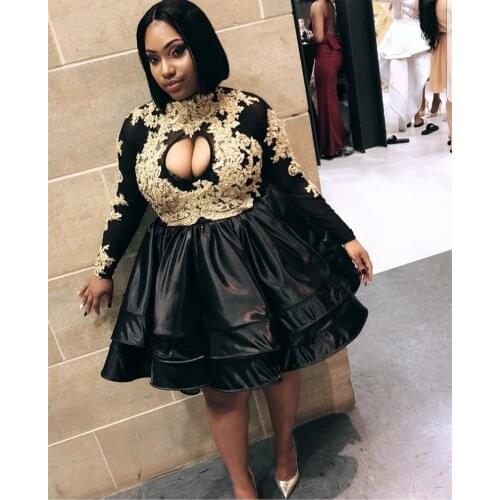 Black Short Prom Dress 2021 Sexy Cut-Out Front Gold Appliques Long Sleeve African Black Girl Mini Prom Dresses