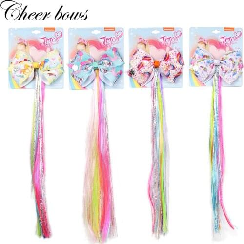 5" Girls Long Colorful Wig Braid Hair Clip with Cartoon Print Hair Bows Hairgrip Shiny Ponytail Children Hair Accessories