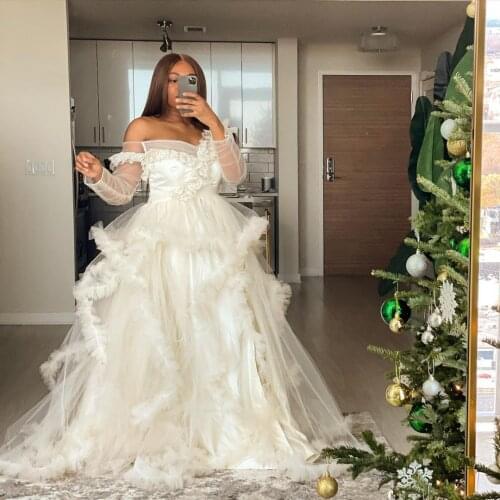 Elegant Tulle Ruffles Bridal Gowns Off The Shoulder Illusion Puffy Tiered Tulle Women Dress To Photography Bridal Night