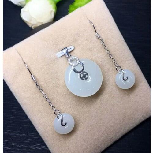 Hetian Baiyu Silver Inlay Set White Jade Safety Buckle Three-Piece Set h30