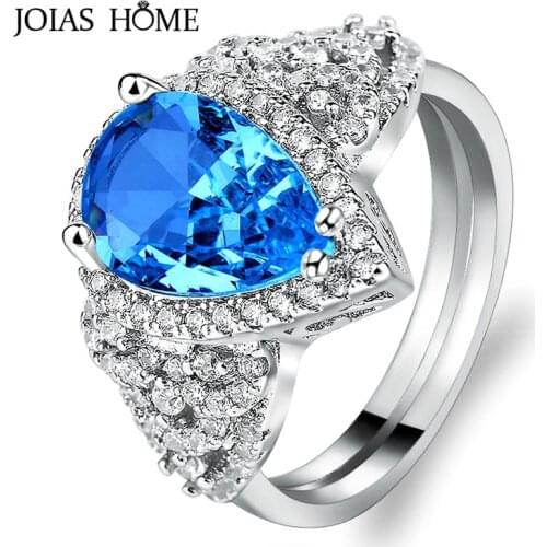 JoiasHome Classic Women Silver Ring With Water Drop Shape Gemstones Silver 925 Jewelry Wedding Party Gift Wholesale Size 6-10