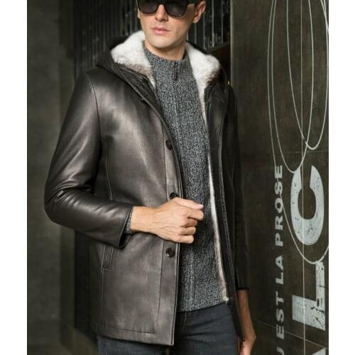 Mens Genuine Leather Jacket Winter Natural Mink Fur Coat Real Deerskin Leather Coat Hooded Luxury Jackets 8101 KJ3819