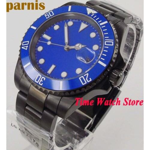 40mm Miyota 8215 automatic wrist watch men PVD sapphire glass blue strile dial waterproof pilot black SS bracelet