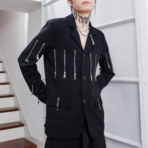 Mens Casual Blazer Jacket 2021 Spring Hairstylist Suit Trend Design Sense Personality Multi-zipper Decorative Large Size Clothes