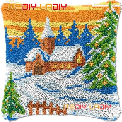 Latch Hook Cushion Snow Church DIY Needlepoint Kits Chunky Acrylic Yarn Arts Crocheting Lofty Pillow Case Hobby & Crafts