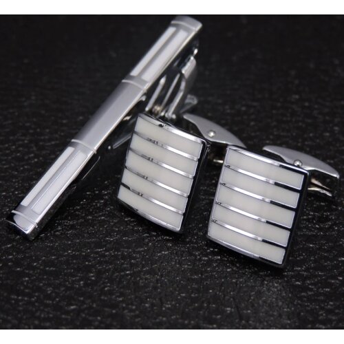 DY A new high quality enamel white square Silvery Stripe Tie Clip Cufflinks fashion mens shirts Cufflinks tie clip set