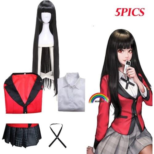 5pics Yumeko Jabami Cosplay Wigs 100cm Fashion Black Straight Heat Resistant Synthetic Hair Perucas Cosplay Wig School Uniform
