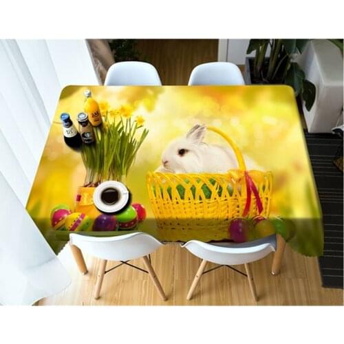 Easter Bunny Pattern Rabbit in Bamboo Basket Rectangular/Round Soft Thickened Cotton Festive Tablecloth Dustproof Cover Towel