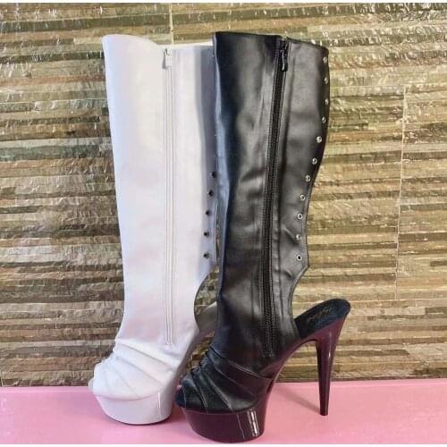 15 cm high heel boots, sexy peep-toe women knee-high boots, thick soled stage model performance boots