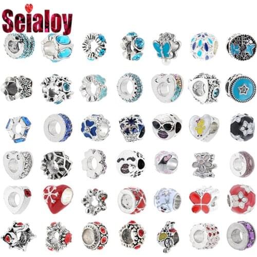 Seialoy Shiny Cyan-blue Rhinestone Beads Silver Color Charm Fit Bracelet & Necklace Diy Bracelets Jewelry Accessory Beaded