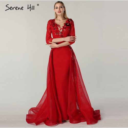 Sexy Sheer Wine Red Sequined Diamond Evening Dresses 2020 Long Sleeves Luxury Evening Gowns For Women Serene Hill BLA60761