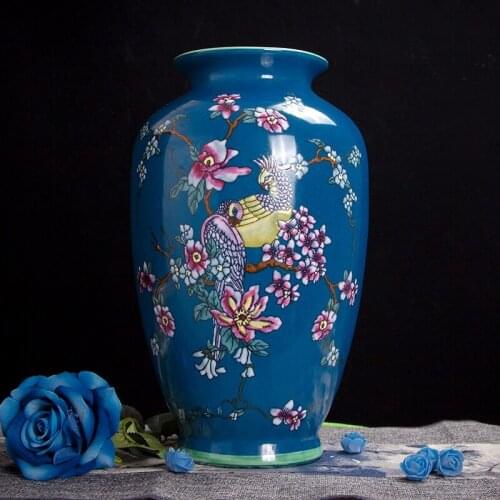 European American Hand-painted Vase blue Flower and bird Living Room Decoration porcelain ceramic vase