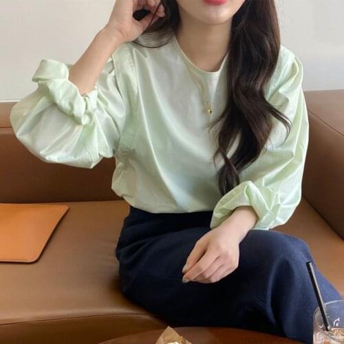 Women Spring Round Collar Green Blouse Long Sleeve Loose Shirt Casual Pullover Tops Brief Solid Color
