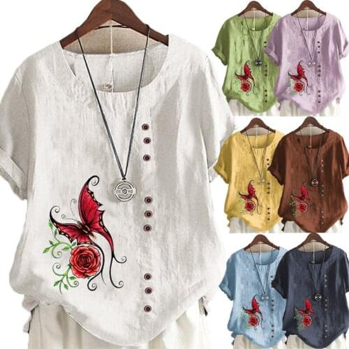 Womens New Fashion Linen Shirt Round Neck Short Sleeve Butterfly Printed T-shirt Summer Ladies Casual Plus Size Blouse Tops