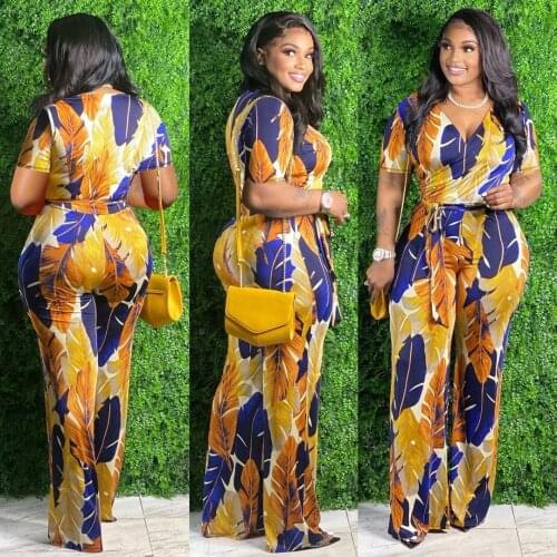 V-neck Printed Women Jumpsuits Bohemian Style Casual Vacation Bodysuits High Waist Lace-up Fitness Straight Jumpsuits Streetwear