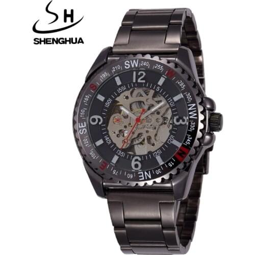 SHENHUA Men Mechanical Watches Seampunk Black Skeleton Automatic Self Wind Mechanical Watch Men Sports Watches relogio masculino